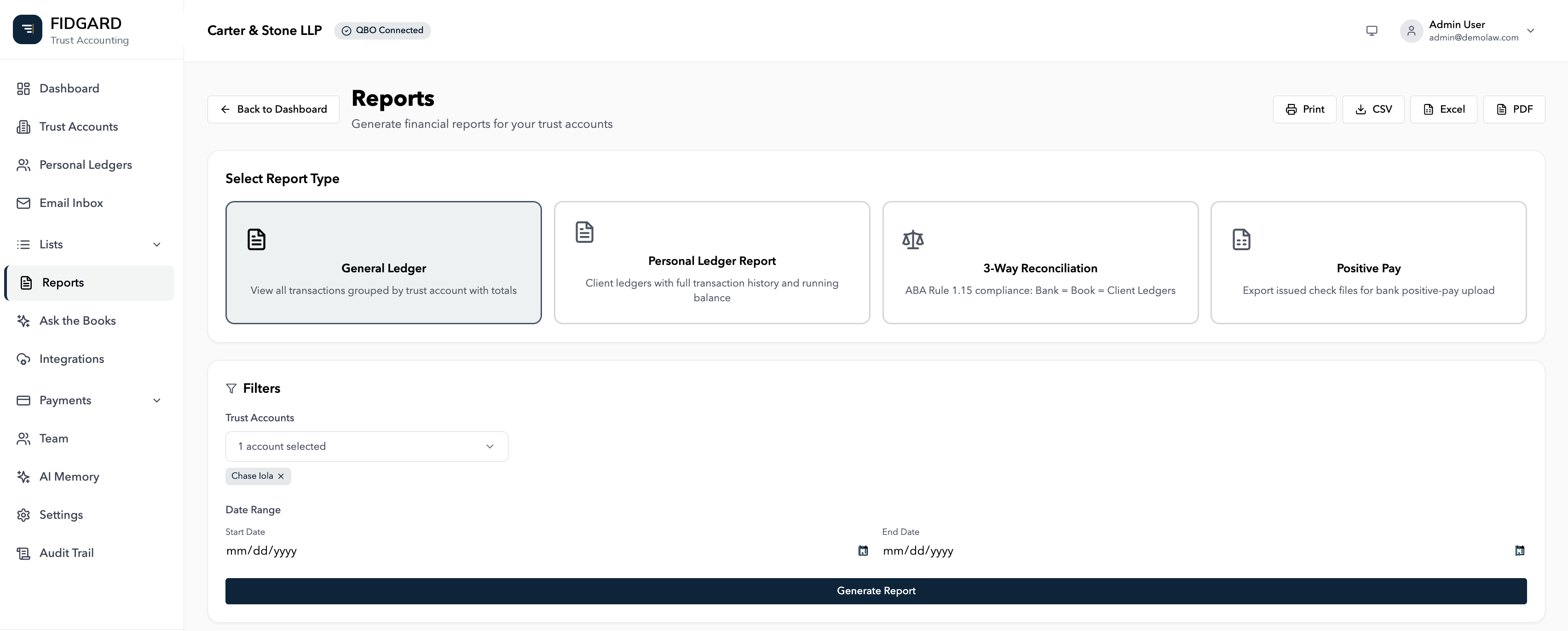 FIDGARD reports workspace with general ledger, personal ledger, and three-way reconciliation report options