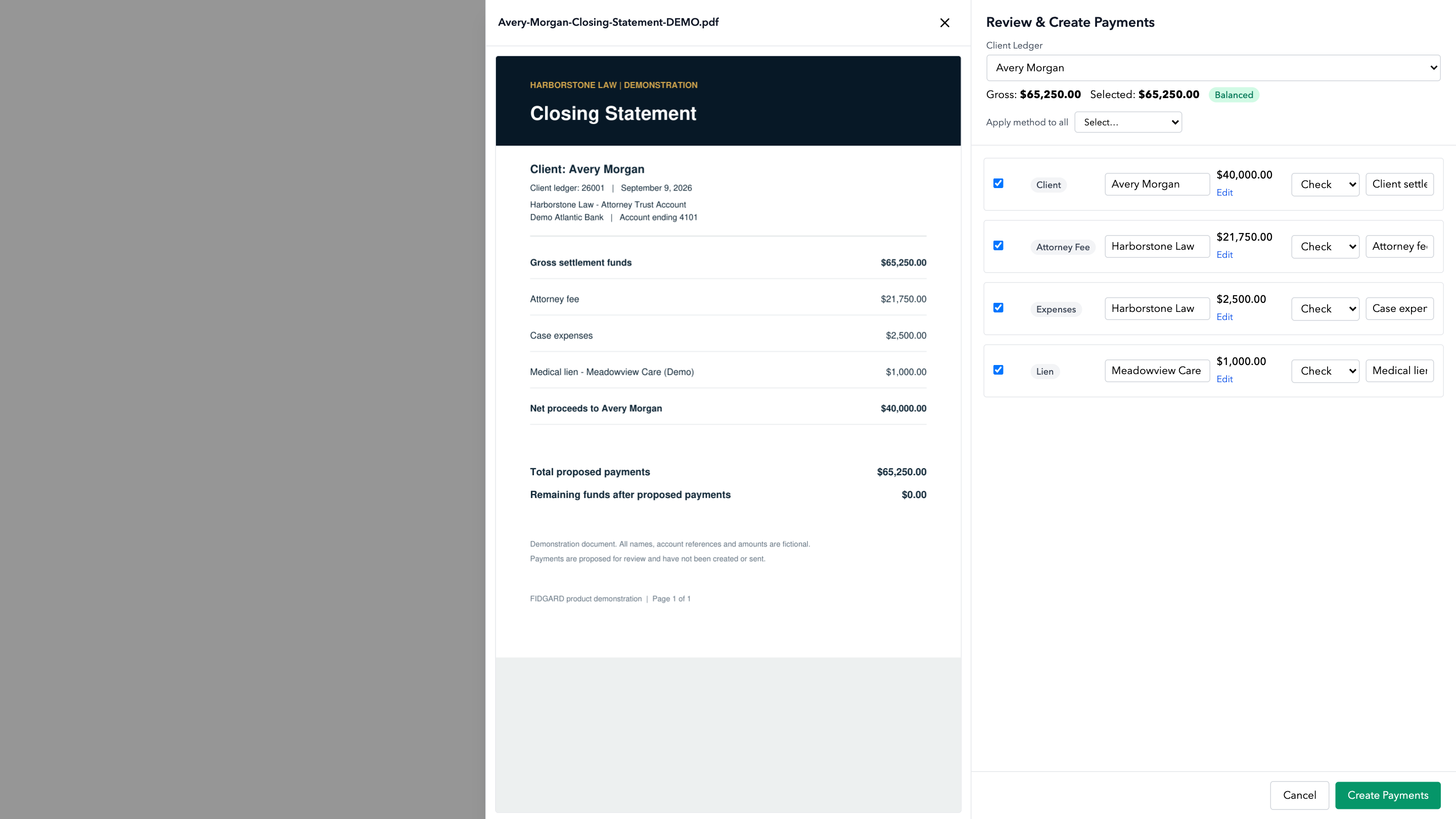 FIDGARD AI closing review for fictional client Avery Morgan, with $65,250 in proposed payments matching the closing statement